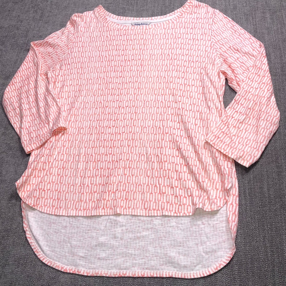 Tommy Bahama Top Womens Large Pink Geometric 3/4 Sleeve High Low Hem Pullover